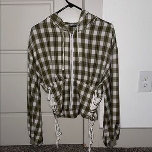 Plaid Hooded Jacket with Drawstring Detail